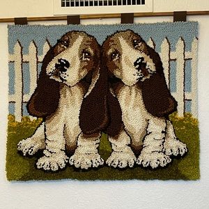 Vintage 24”X30” latch hook Basset hound puppies wall art